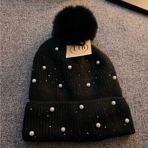 Black Beanie with Pom Pom and Pearls